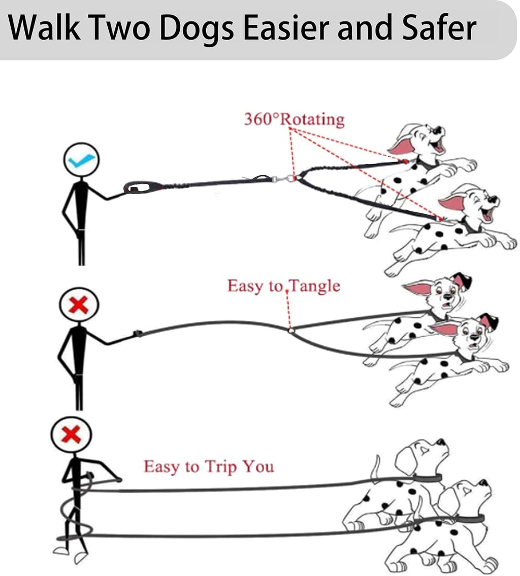 360° No Tangle Double Dog Leash, 2-In-1 Bungee Seatbelt Leash | 360°Tangle Free Coupler, Dual Padded Handles, Shock Bungee Buffer,Adjustable Fits M & L Dogs for Walking & Car Travel